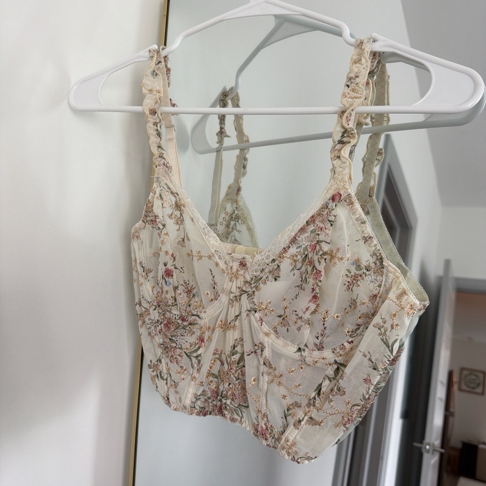 Mango Cream Floral Embroidered Bustier with Pink Roses